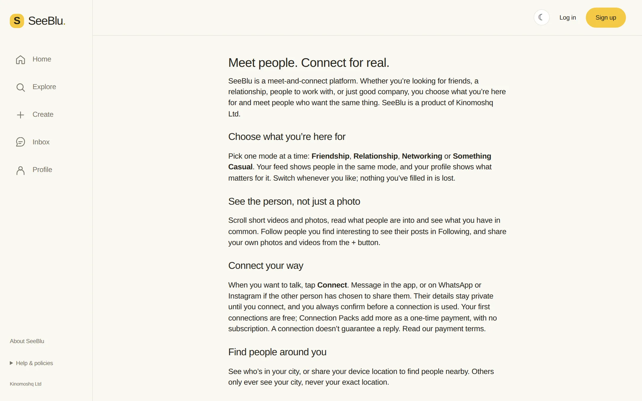 SeeBlu's About page, "Meet people. Connect for real."