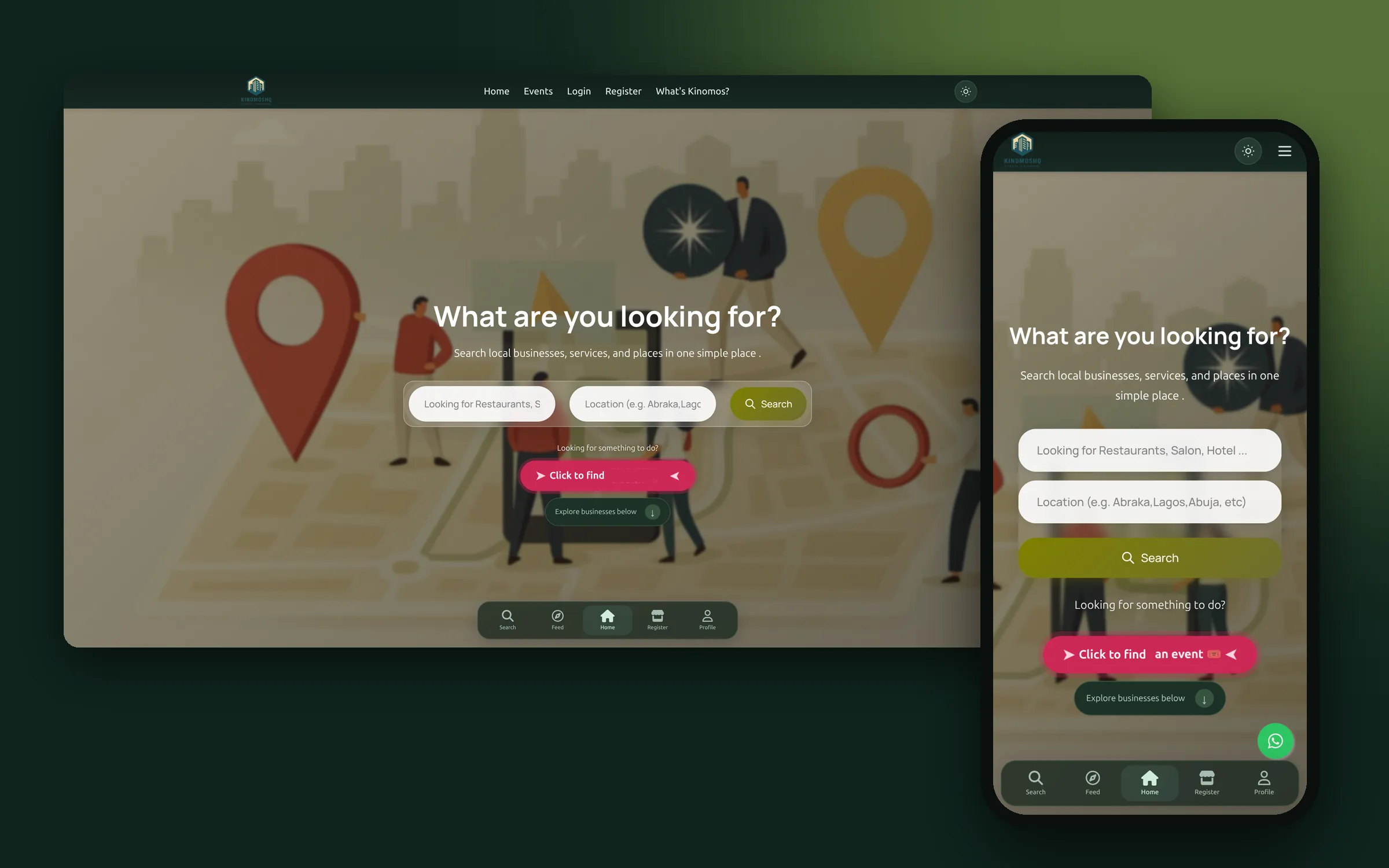 Kinomos home page on a laptop and on a phone, "What are you looking for?"